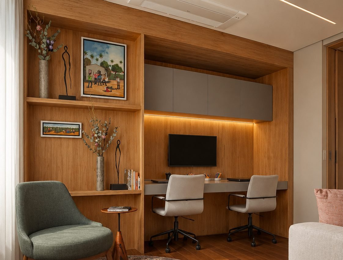 Sala de TV com piso de madeira maciça Akafloor